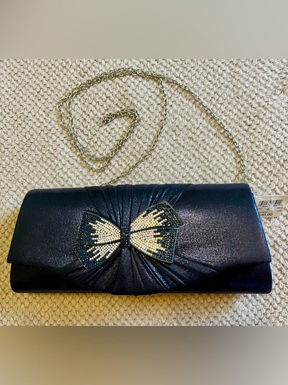 NWT Navy Blue Shimmering Evening Clutch with Rhinestone Bow Detail